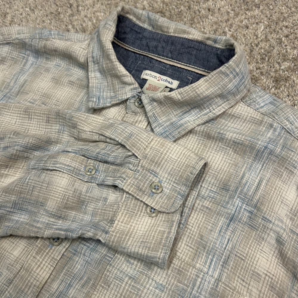Carbon 2 Cobalt‎ Button Up Shirt Mens Large Blue Tan Plaid Slub Cotton 133784